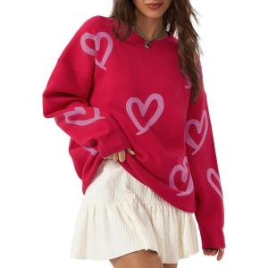 Saodimallsu Womens Oversized Heart Sweater Crew Neck Long Sleeve Knit Cute Valentines Pullover Sweaters(Red Purple)