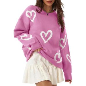 Saodimallsu Womens Oversized Heart Sweater Crew Neck Long Sleeve Knit Cute Valentines Pullover Sweaters(Rose Red)