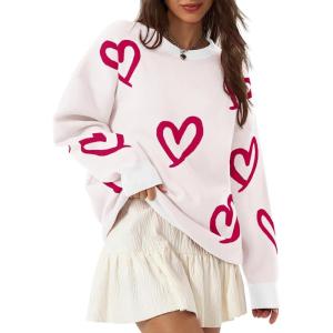 Saodimallsu Womens Oversized Heart Sweater Crew Neck Long Sleeve Knit Cute Valentines Pullover Sweaters(White Red)