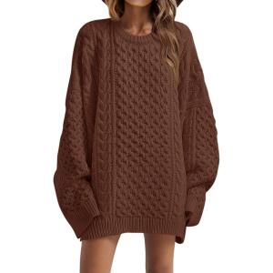 Saodimallsu Womens Oversized Sweaters Chunky Cable Knit Crewneck Long Sleeve Loose Tunic Sweater Tops(Brown)