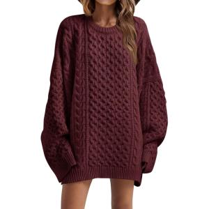 Saodimallsu Womens Oversized Sweaters Chunky Cable Knit Crewneck Long Sleeve Loose Tunic Sweater Tops(Burgundy)