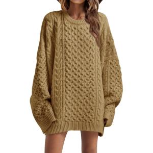 Saodimallsu Womens Oversized Sweaters Chunky Cable Knit Crewneck Long Sleeve Loose Tunic Sweater Tops(Khaki)