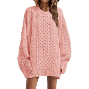 Saodimallsu Womens Oversized Sweaters Chunky Cable Knit Crewneck Long Sleeve Loose Tunic Sweater Tops(Pink)