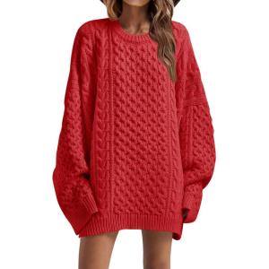 Saodimallsu Womens Oversized Sweaters Chunky Cable Knit Crewneck Long Sleeve Loose Tunic Sweater Tops(Red)