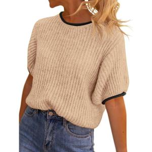 Saodimallsu Womens Puff Short Sleeve Sweater Tops Spring Summer Color Block Ribbed Knit Crew Neck Going Out Shirts(Apricot)