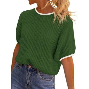 Saodimallsu Womens Puff Short Sleeve Sweater Tops Spring Summer Color Block Ribbed Knit Crew Neck Going Out Shirts(Army Green)