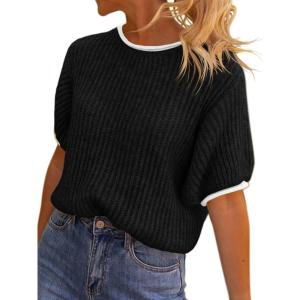Saodimallsu Womens Puff Short Sleeve Sweater Tops Spring Summer Color Block Ribbed Knit Crew Neck Going Out Shirts(Black)