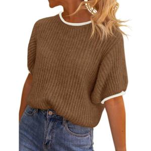 Saodimallsu Womens Puff Short Sleeve Sweater Tops Spring Summer Color Block Ribbed Knit Crew Neck Going Out Shirts(Brown)