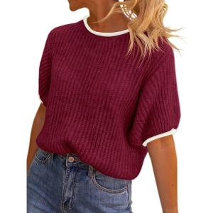Saodimallsu Womens Puff Short Sleeve Sweater Tops Spring Summer Color Block Ribbed Knit Crew Neck Going Out Shirts(Burgundy)