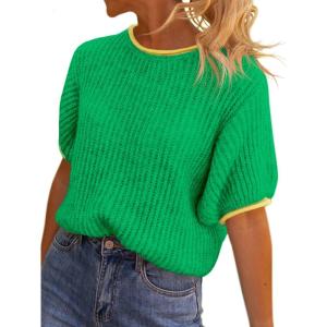 Saodimallsu Womens Puff Short Sleeve Sweater Tops Spring Summer Color Block Ribbed Knit Crew Neck Going Out Shirts(Green)