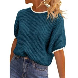 Saodimallsu Womens Puff Short Sleeve Sweater Tops Spring Summer Color Block Ribbed Knit Crew Neck Going Out Shirts(Lake Blue)
