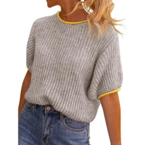 Saodimallsu Womens Puff Short Sleeve Sweater Tops Spring Summer Color Block Ribbed Knit Crew Neck Going Out Shirts(Light Grey)