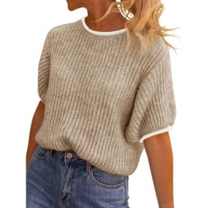 Saodimallsu Womens Puff Short Sleeve Sweater Tops Spring Summer Color Block Ribbed Knit Crew Neck Going Out Shirts(Light Khaki)