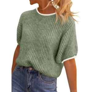 Saodimallsu Womens Puff Short Sleeve Sweater Tops Spring Summer Color Block Ribbed Knit Crew Neck Going Out Shirts(Pea Green)