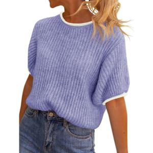 Saodimallsu Womens Puff Short Sleeve Sweater Tops Spring Summer Color Block Ribbed Knit Crew Neck Going Out Shirts(Purple)