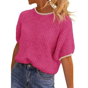 Saodimallsu Womens Puff Short Sleeve Sweater Tops Spring Summer Color Block Ribbed Knit Crew Neck Going Out Shirts(Rose Red)