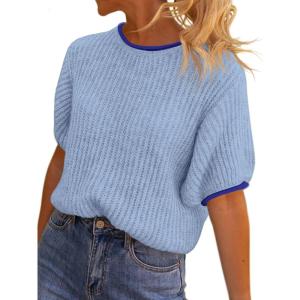 Saodimallsu Womens Puff Short Sleeve Sweater Tops Spring Summer Color Block Ribbed Knit Crew Neck Going Out Shirts(Sky Blue)