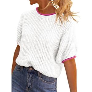 Saodimallsu Womens Puff Short Sleeve Sweater Tops Spring Summer Color Block Ribbed Knit Crew Neck Going Out Shirts(White)
