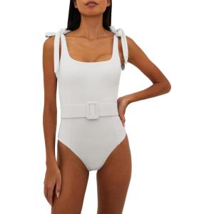 Saodimallsu Womens Sexy One Piece Bathing Suit High Cut Knit Square Neck Tied Strappy Swimsuit with Belt(白色)