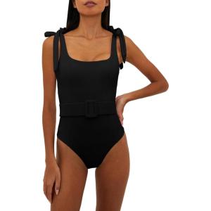 Saodimallsu Womens Sexy One Piece Bathing Suit High Cut Knit Square Neck Tied Strappy Swimsuit with Belt(Black)