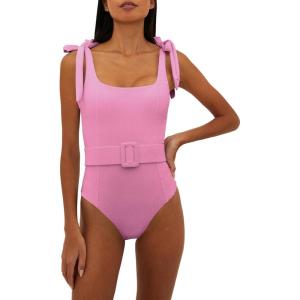 Saodimallsu Womens Sexy One Piece Bathing Suit High Cut Knit Square Neck Tied Strappy Swimsuit with Belt(Pink)