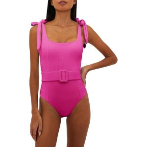 Saodimallsu Womens Sexy One Piece Bathing Suit High Cut Knit Square Neck Tied Strappy Swimsuit with Belt(Rose Red)