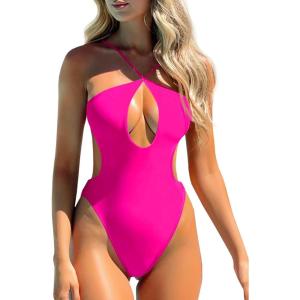 Saodimallsu Womens Sexy One Piece Bathing Suit Plunge Neck Cut Out Backless Criss Cross High Waisted Swimsuit(Rose)