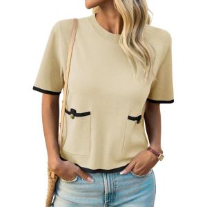 Saodimallsu Womens Short Sleeve Sweater Color Block Crew Neck Summer Crop Tops Loose Casual Knit Shirts with Pockets(Beige)