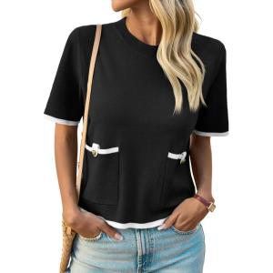 Saodimallsu Womens Short Sleeve Sweater Color Block Crew Neck Summer Crop Tops Loose Casual Knit Shirts with Pockets(Black)