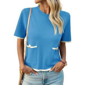 Saodimallsu Womens Short Sleeve Sweater Color Block Crew Neck Summer Crop Tops Loose Casual Knit Shirts with Pockets(Blue)