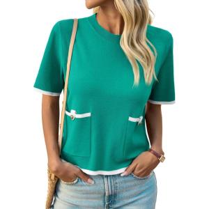 Saodimallsu Womens Short Sleeve Sweater Color Block Crew Neck Summer Crop Tops Loose Casual Knit Shirts with Pockets(Green)