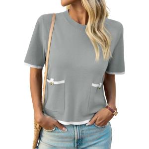 Saodimallsu Womens Short Sleeve Sweater Color Block Crew Neck Summer Crop Tops Loose Casual Knit Shirts with Pockets(Grey)