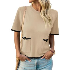 Saodimallsu Womens Short Sleeve Sweater Color Block Crew Neck Summer Crop Tops Loose Casual Knit Shirts with Pockets(Khaki)