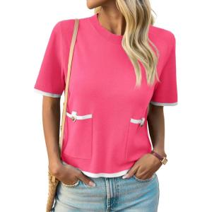 Saodimallsu Womens Short Sleeve Sweater Color Block Crew Neck Summer Crop Tops Loose Casual Knit Shirts with Pockets(Rose Red)