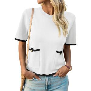 Saodimallsu Womens Short Sleeve Sweater Color Block Crew Neck Summer Crop Tops Loose Casual Knit Shirts with Pockets(White)