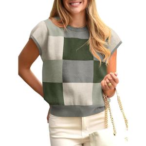 Saodimallsu Womens Short Sleeve Sweater Top Summer Color Block Lightweight Knit Crewneck Going Out Pullover Tops(Beige)