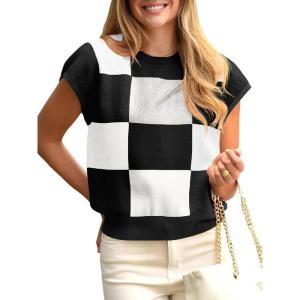 Saodimallsu Womens Short Sleeve Sweater Top Summer Color Block Lightweight Knit Crewneck Going Out Pullover Tops(Black)