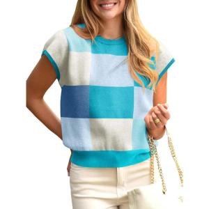 Saodimallsu Womens Short Sleeve Sweater Top Summer Color Block Lightweight Knit Crewneck Going Out Pullover Tops(Blue)