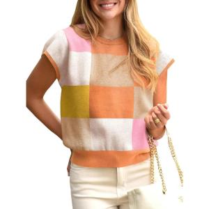 Saodimallsu Womens Short Sleeve Sweater Top Summer Color Block Lightweight Knit Crewneck Going Out Pullover Tops(Khaki)