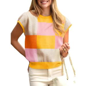 Saodimallsu Womens Short Sleeve Sweater Top Summer Color Block Lightweight Knit Crewneck Going Out Pullover Tops(Orange)