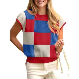 Saodimallsu Womens Short Sleeve Sweater Top Summer Color Block Lightweight Knit Crewneck Going Out Pullover Tops(Red)