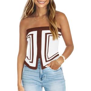 Saodimallsu Womens Strapless Crop Tube Tops Sexy Sleeveless Knit Summer Trendy Color Block Asymmetrical Y2k Bandeau Top(Brown)