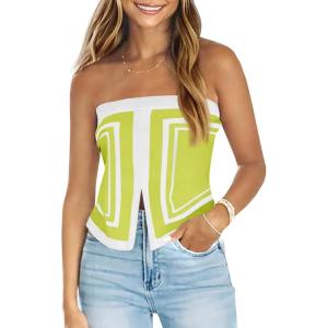 Saodimallsu Womens Strapless Crop Tube Tops Sexy Sleeveless Knit Summer Trendy Color Block Asymmetrical Y2k Bandeau Top(Green)