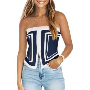 Saodimallsu Womens Strapless Crop Tube Tops Sexy Sleeveless Knit Summer Trendy Color Block Asymmetrical Y2k Bandeau Top(Navy Blue)