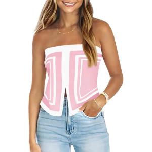 Saodimallsu Womens Strapless Crop Tube Tops Sexy Sleeveless Knit Summer Trendy Color Block Asymmetrical Y2k Bandeau Top(Pink)