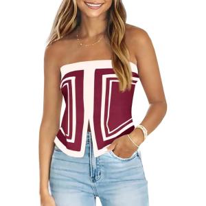 Saodimallsu Womens Strapless Crop Tube Tops Sexy Sleeveless Knit Summer Trendy Color Block Asymmetrical Y2k Bandeau Top(Red)