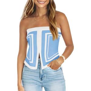 Saodimallsu Womens Strapless Crop Tube Tops Sexy Sleeveless Knit Summer Trendy Color Block Asymmetrical Y2k Bandeau Top(Sky Blue)