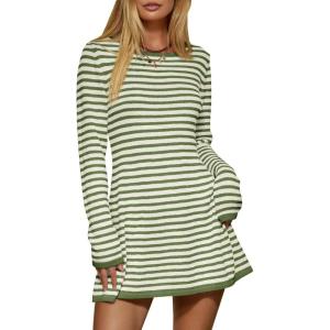 Saodimallsu Womens Striped Pullover Sweater Crew Neck Fall Long Sleeve Trendy Casual Ribbed Knit Tunic Mini Dress(Army Green)