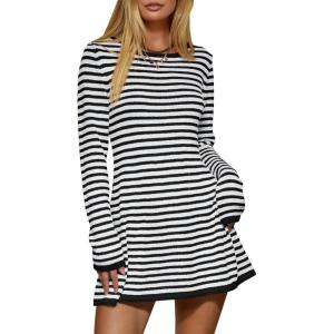 Saodimallsu Womens Striped Pullover Sweater Crew Neck Fall Long Sleeve Trendy Casual Ribbed Knit Tunic Mini Dress(Black)
