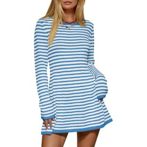 Saodimallsu Womens Striped Pullover Sweater Crew Neck Fall Long Sleeve Trendy Casual Ribbed Knit Tunic Mini Dress(Blue)